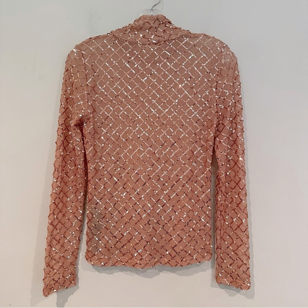 Pilcro Anthropologie Turtleneck Sequin Top Blouse Women's XS Light Sand Sheer - Picture 9 of 9